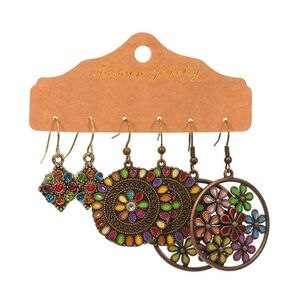 Red Crystal & Coppertone Bright Floral Drop Earrings Set